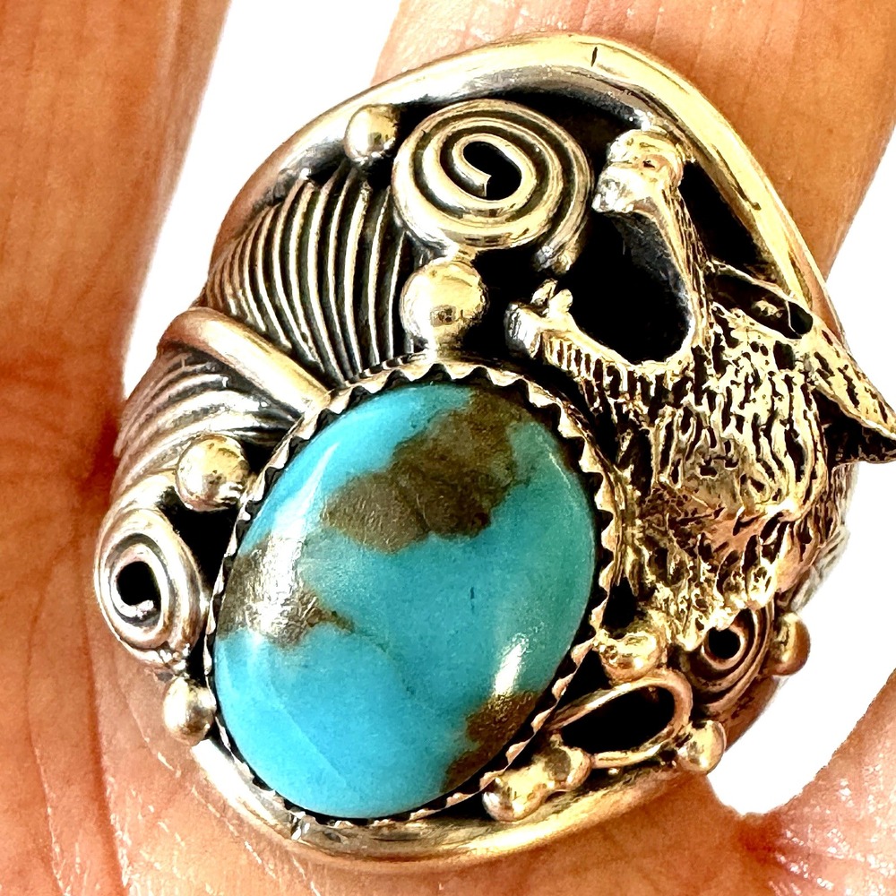 Navajo Wolf Turquoise Mens Ring Sz 14 Sterling Signed DM Howling Native Amer